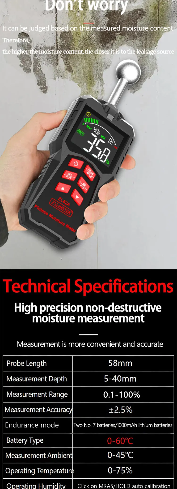 Pinless Holzfeuchtemessgerät, digitales Hygrometer, berührungsloser Holzfeuchtigkeitsdetektor, Wandfeuchtigkeitstester, Typ C, wiederaufladbar – Detail 3
