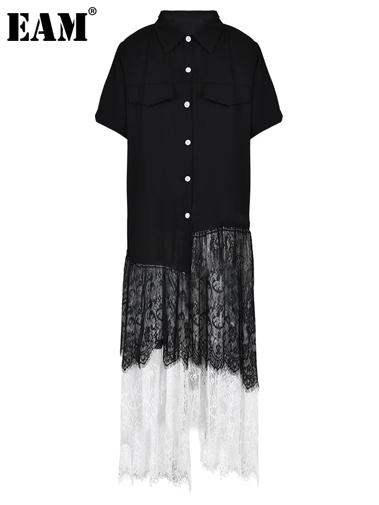 [EAM] Women Black Lace Pleated Big Size Shirt Dress New Lapel Half Sleeve Loose Fit Fashion Tide Spring Summer 2024  1DF8749