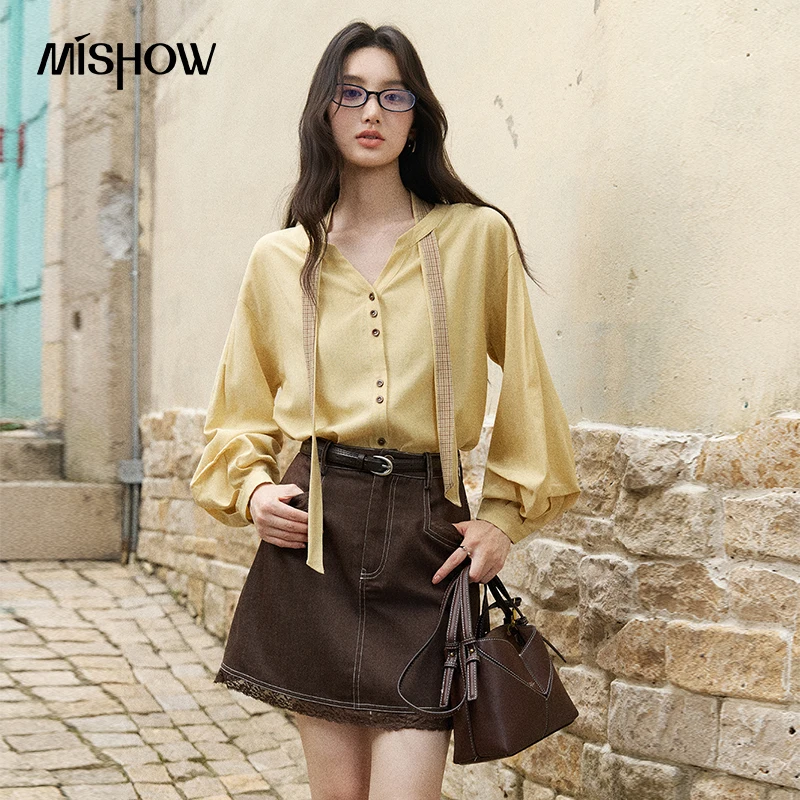 MISHOW Women's Yellow Lantern Sleeve Shirts 2026 Autumn V-neck Loose Slim Top Commuter Soft Shirt with Plaid Ribbon MXF42C2541