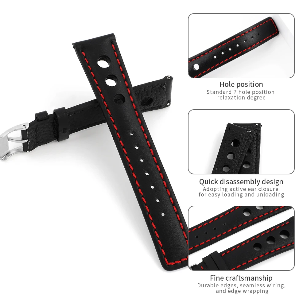 Onthelevel Watch Band 19mm 20mm 21mm 22mm Three Hole Square Tail Watch Strap Quick Release Black Wristband Steel Buckle