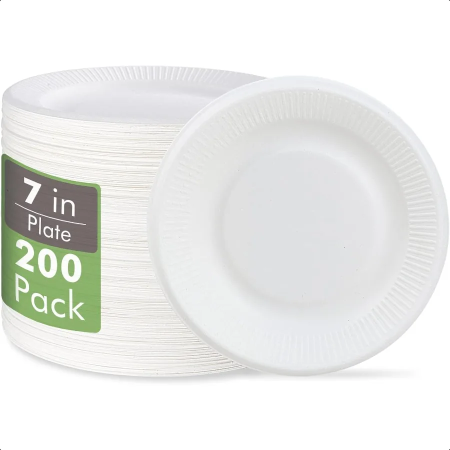 

100 компостируемых бумажных тарелок, 200 шт., 7-дюймовые бумажные тарелки без покрытия, биоразлагаемые, изготовленные из сахарных тростниковых волокна, идеально подходящие для песчаных изделий