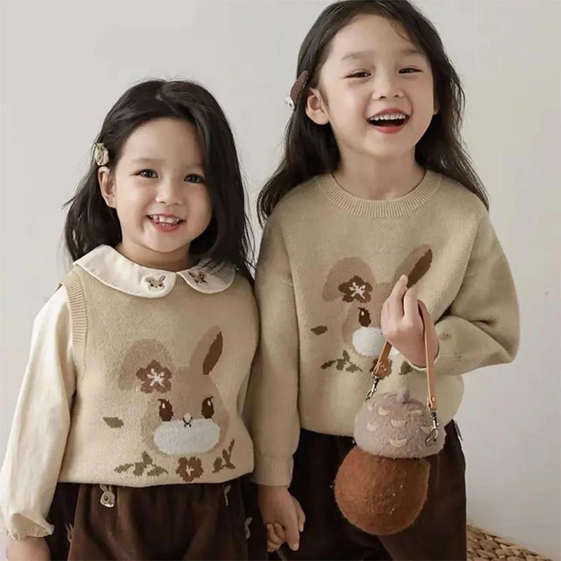 

Autumn Girls Cute Rabbit Print Knitted Sweater Wool Clothing Knitwear Children Vest Pullover