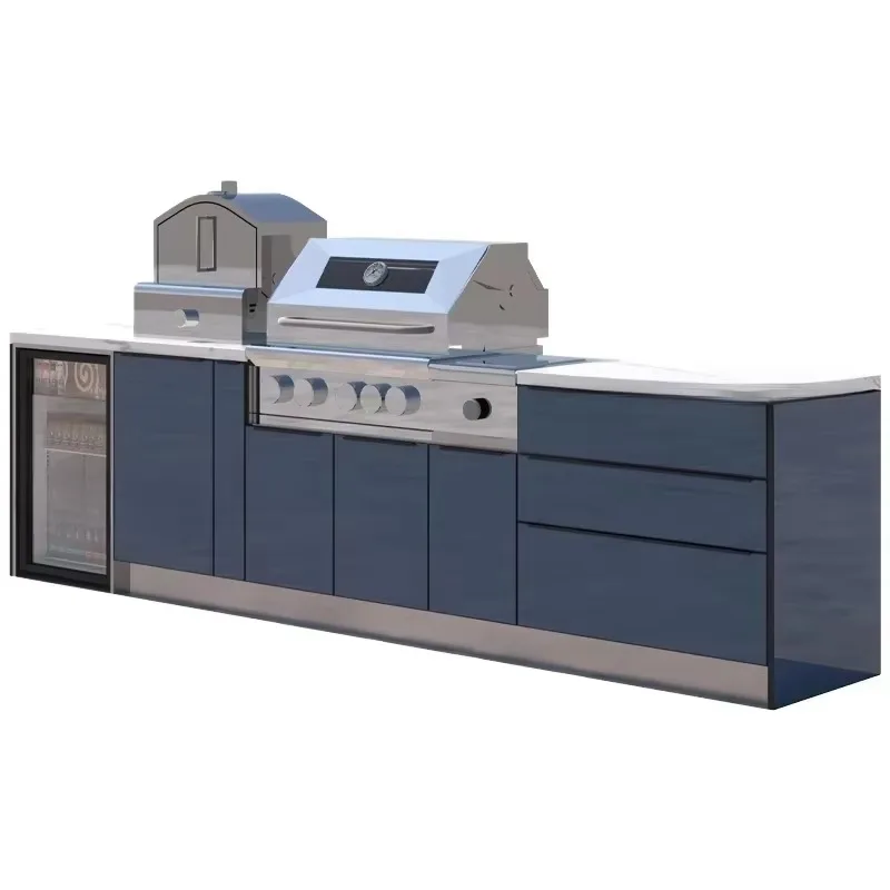 Bisagras modernas de cielo azul con juego completo de gabinetes de cocina, isla para barbacoa, 2 puertas, taquillas de cocina para exteriores, muebles de jardín