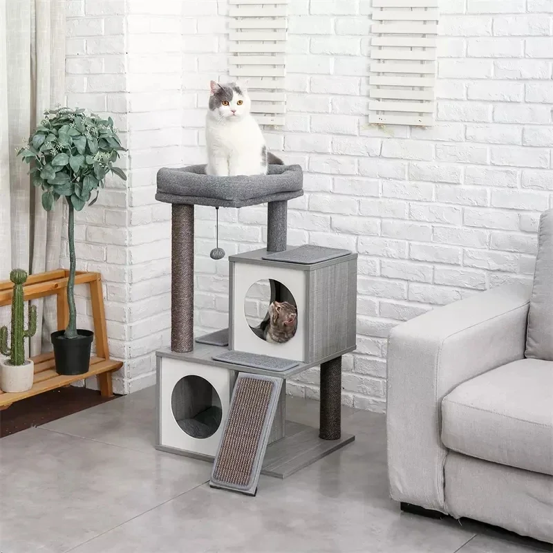 Modern Cat Tree Wooden Cat Tower With Sisal Scratching Post Climbing Ladder Grey