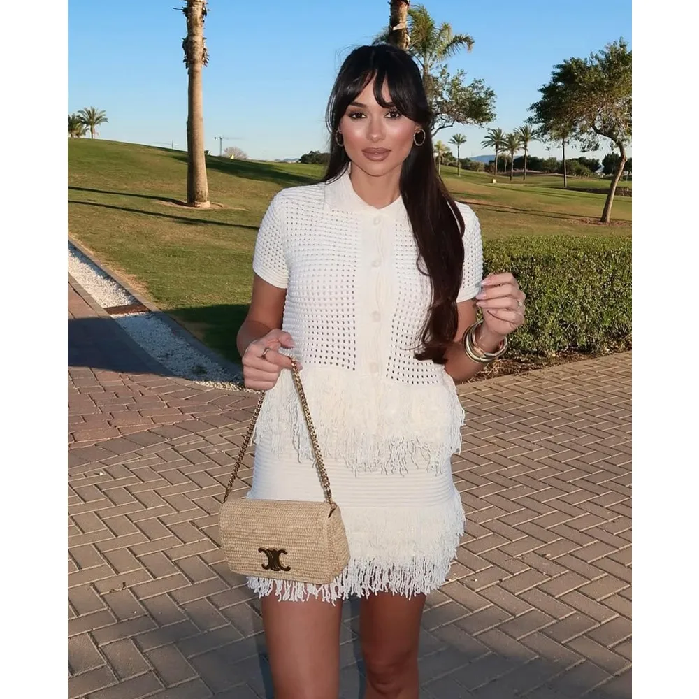 

PB&ZA 2025 tassel decoration plaid lapel knitted short sleeve + skirt short skirt suit summer women's clothing