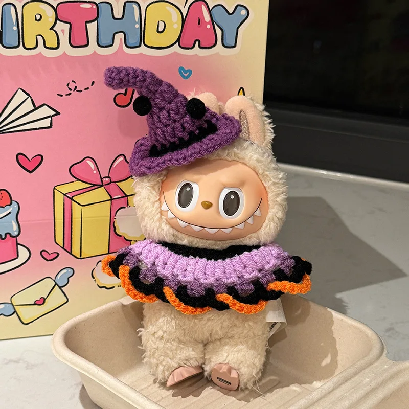 Ropa para Labubu tejida a mano, vestido de muñeca de Halloween, juego, ropa Original para muñeca, sombrero de calabaza, accesorios de Collar de muñeca de vinilo