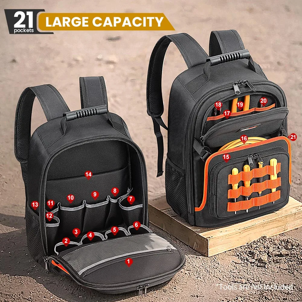 Multifunctional Tool Backpack, Large Capacity Tool Bag, Heavy Duty Electrician Backpack with Multiple Pockets for  Construction