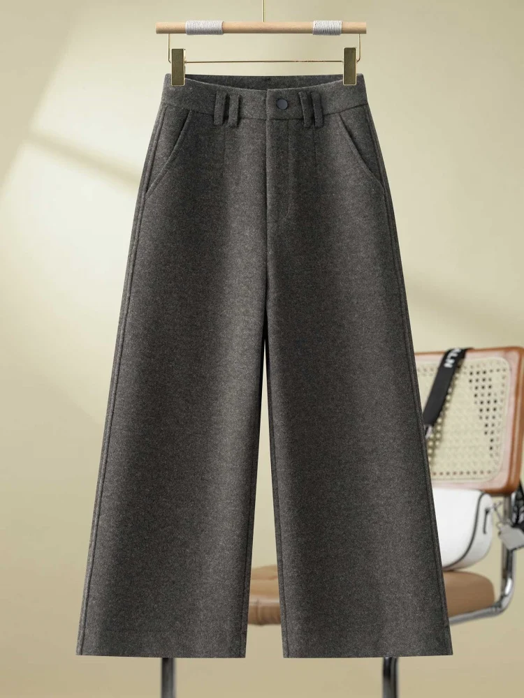 Profundo ey premium lã calças de perna larga feminina outono inverno thi calças de corte reto cintura alta ket detalhe commute sle