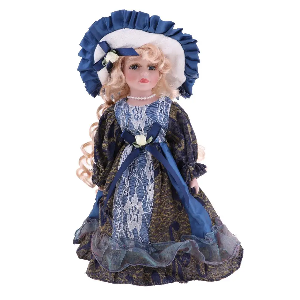 

Elegant Girls Ceramics Doll W. Wood Stand for Porcelain Doll