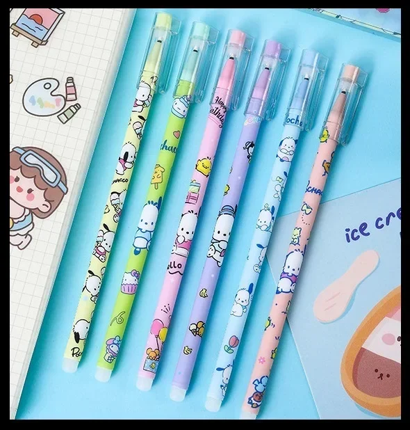 12Pcs/Set Sanrio Cute Erasable Neutral Pen Pochacco mymelody Kuromi Cinnamoroll 0.5mm Gel Pens Washable handle School Supplies