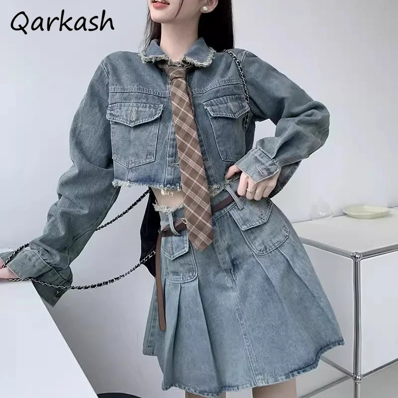 Denim Plisowane Sukienki Zestawy Kobiety Vintage Crop Cool Girls Long Sleeve Pockets Tops Slim A-line High Waist Spicy Prevalent Hipster