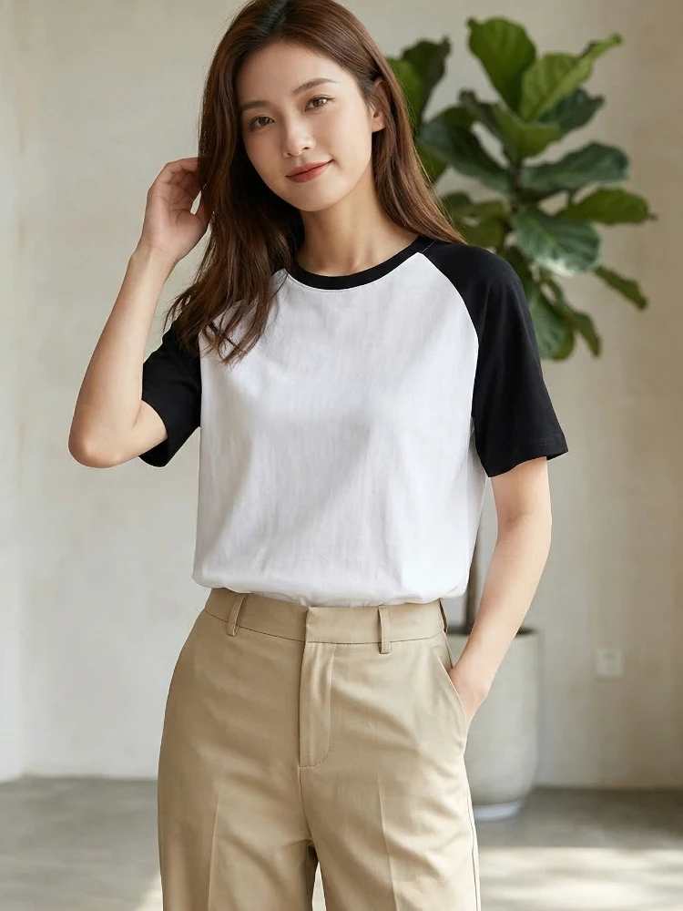 200G Baumwoll-Raglan-Kurzarm-Rundhals-T-Shirt für Damen, Frühjahr/Sommer 2026, locker sitzendes, vielseitiges Freizeit-Oberteil, Color-Block-Tees – Detail 1