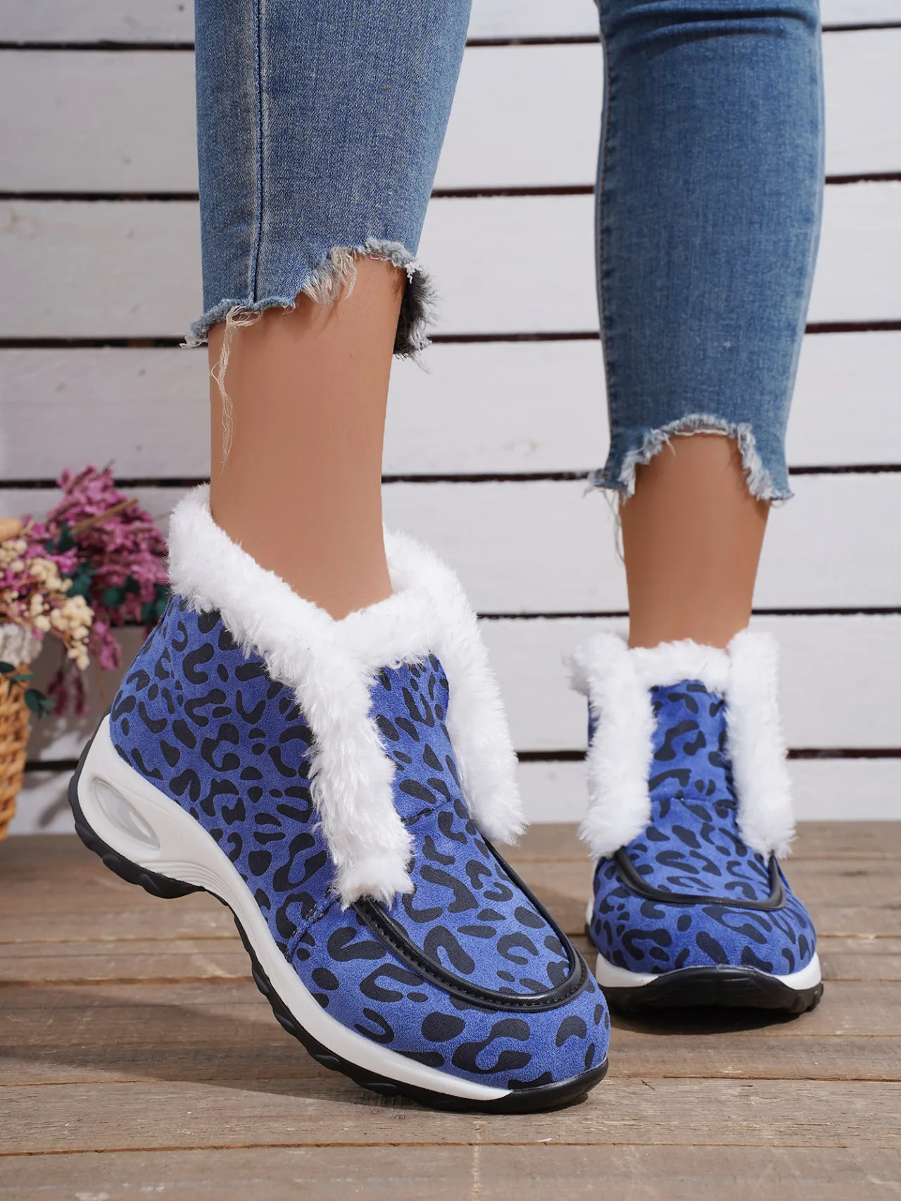 

Ankle Boots Wome Leopard Fuzzy Detail Lined Warmn Winter Snow Boots New Plush Winter Boots Ladies Flats Heel Suede Cotton Shoes