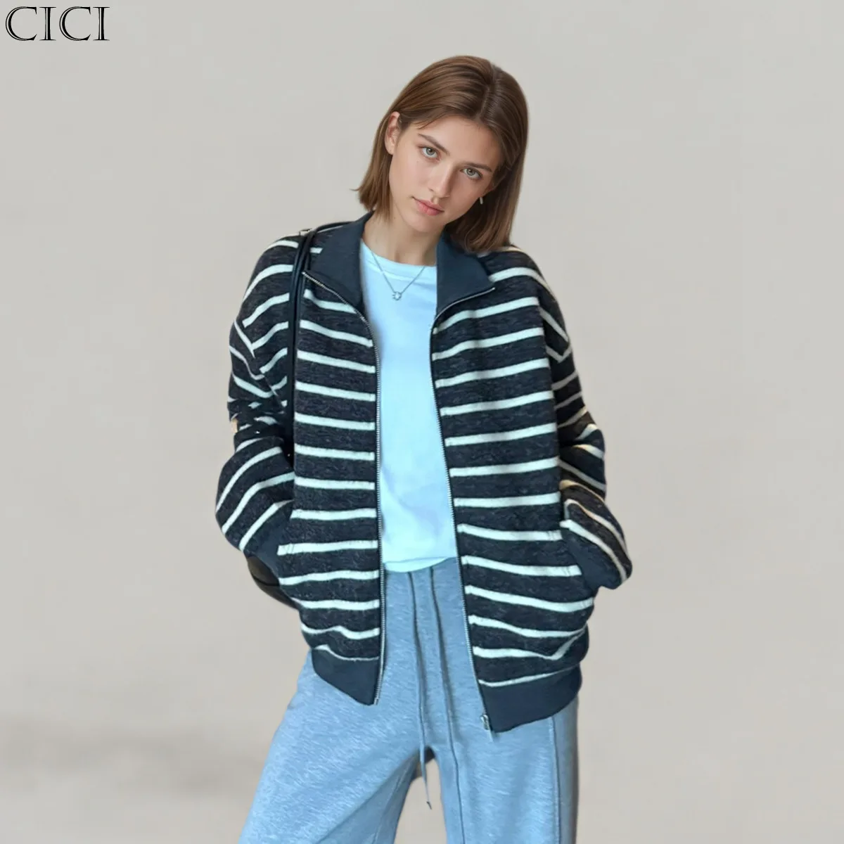 CiCi 2025 خريف شتاء جديد سويتر مقلم سترة معطف المرأة موضة البوليستر ملابس خارجية للاستخدام اليومي ملابس الشارع الشهير #1