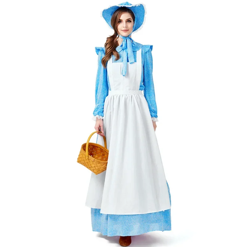 Costume de pionnier colonial floral bleu pour femme, robe de la ferme de la jeune fille Luc, cosplay, fête d'Halloween, olympiques de carnaval