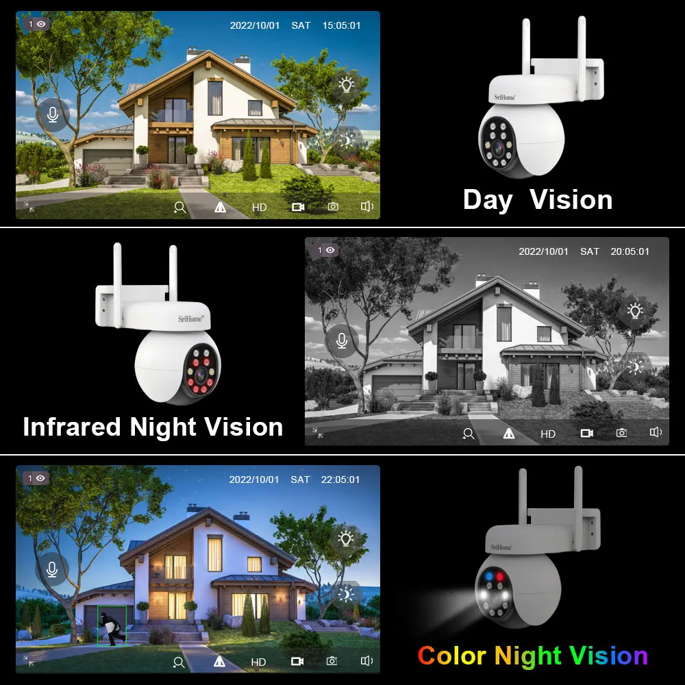 Srihome SH052 Wifi 5MP Wireless PTZ IP AI Auto Tracking Sound&Light Alarm Starlight Color Night Vision Outdoors Surveillance Cam