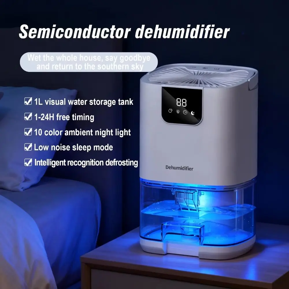 Deshumidificador portátil inteligente con iones negativos, bajo nivel de ruido, secador de aire eficiente, 1000 ml, temporizador de bajo consumo, absorbente de humedad, ideal para el baño.