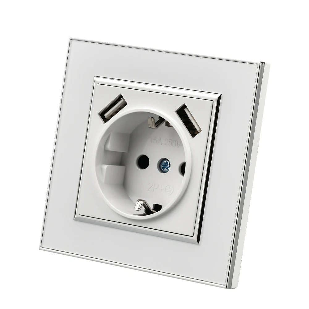 مقبس حائط USB أكريليك بمرآة WESA مع معيار الاتحاد الأوروبي ، منفذ كهربائي ، قابس أرضي ، مقبس طاقة ، مانع للهب ، أسود ، 2 USB #1