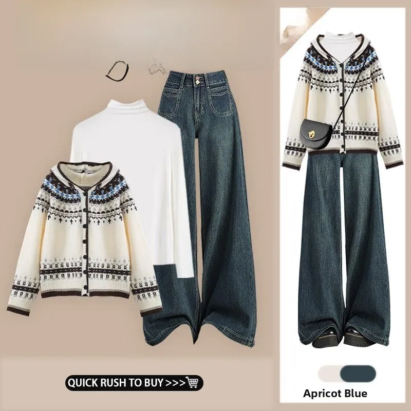 

Autumn Winter Fair Isle Hooded Sweater Jacket High Waist Wide Leg Jeans Three Piece Set High Collar Top Coat Style Outerwear