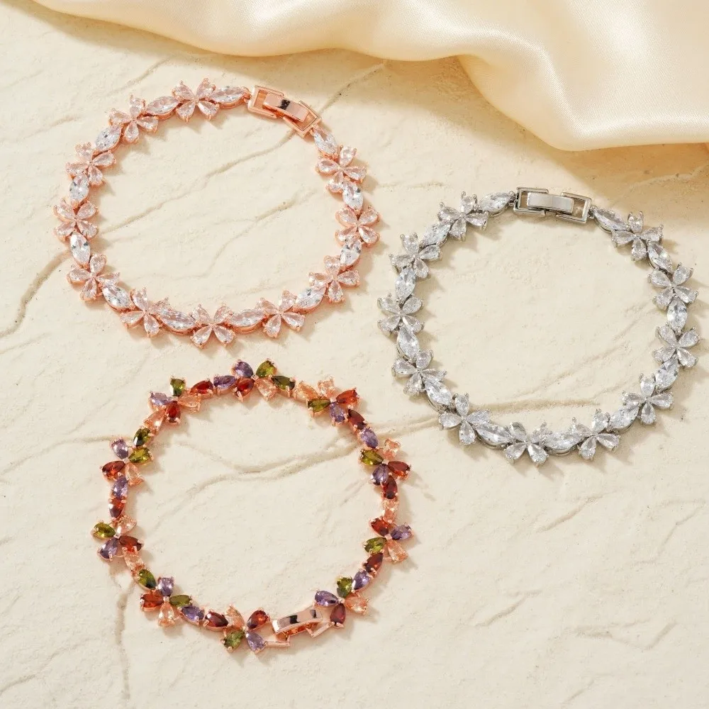 Copper-Inlaid Zircon Bracelet Alternating Ice Flower Patterns Cubic Zirconia Stones Cubic Zirconia Bracelet Mixed-Color