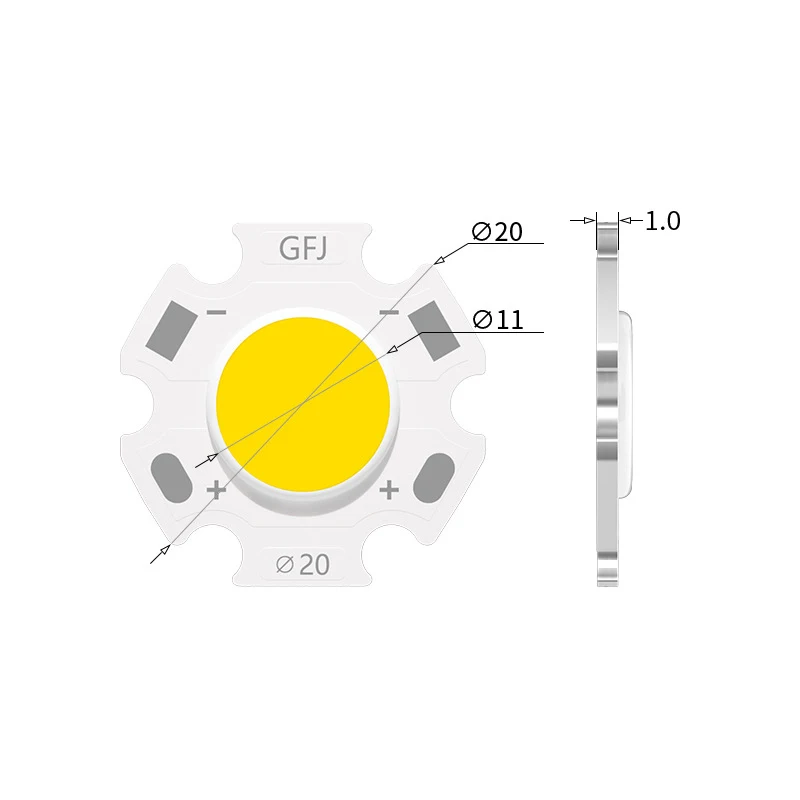 Puce de source LED haute puissance, ampoule latérale COB, lampe de budgétaire, lampes de budgétaire vers le bas, 11mm, 3W, 5W, 7W, 10W, 20 pièces par lot