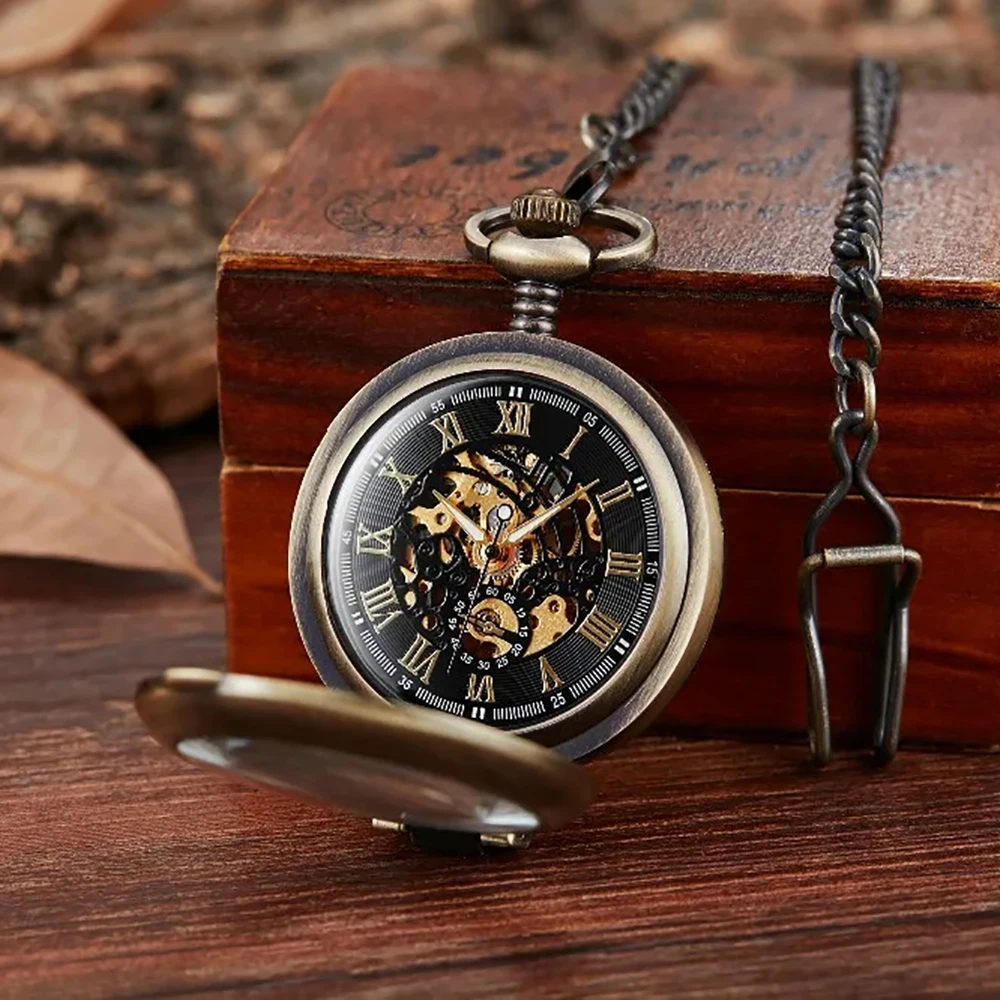 

Vintage Bronze Mechanical Hand Winding Pocket Watch Transparent Glass Cover Fob Chain Pendant Clock Men's Retro Gift