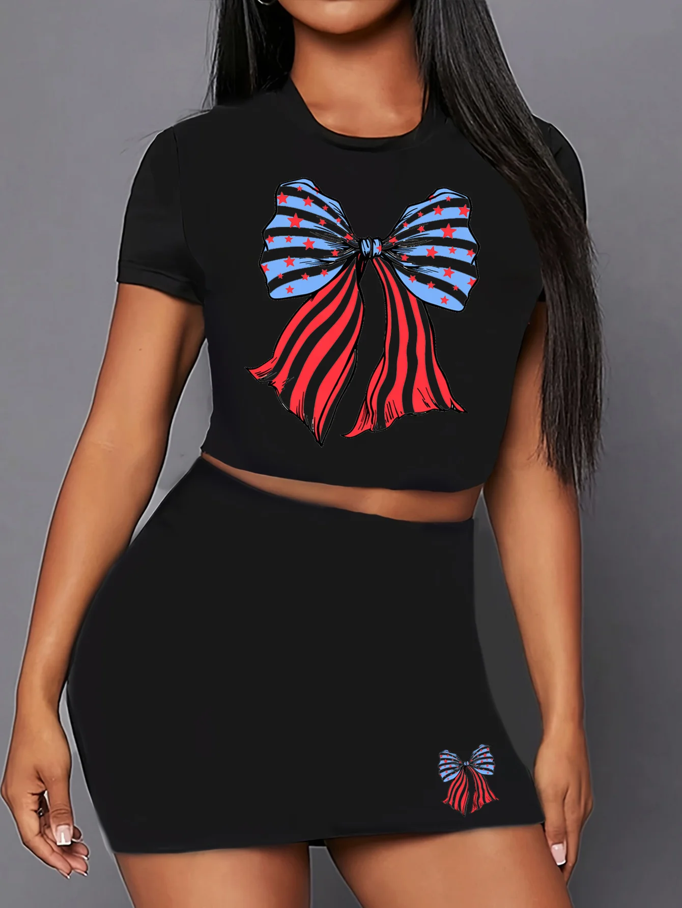 usa flat bow independence day graphic print two piece set, short sleeve round neck t-shirt & skirts, women's clothing