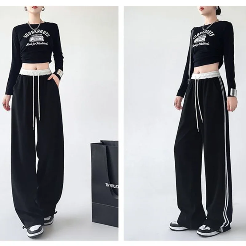 新作ファッションガールズパッチワークスウェットパンツレディースハイウエスト快適バギーパンツ女性韓国風クラシックワイドレッグパンツ