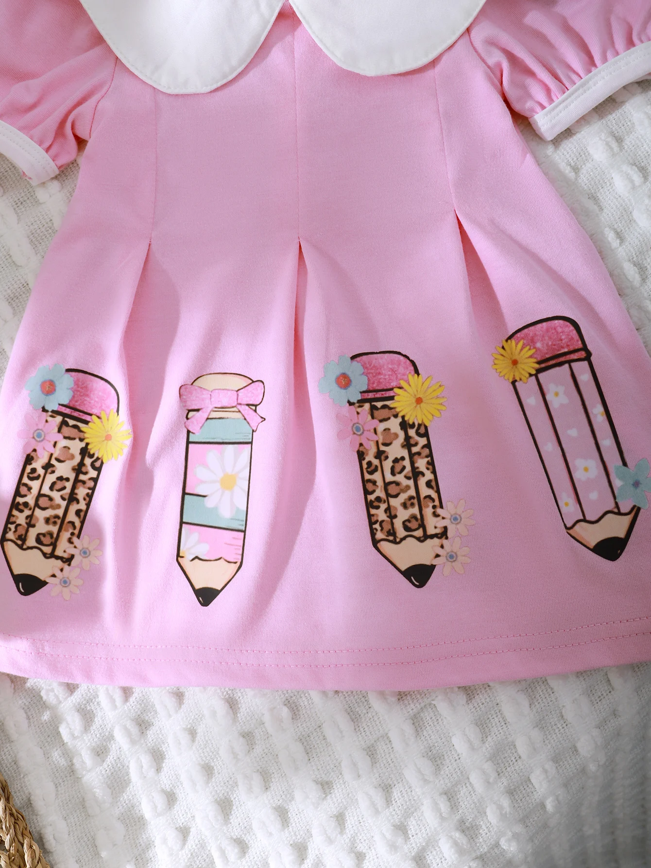 3-36M Sweet And Cute Pink BabyGirl Dress Doll Collar Short Sleeve Waist Lady A-Line Skirt Personality Cartoon Pencil Print Skirt