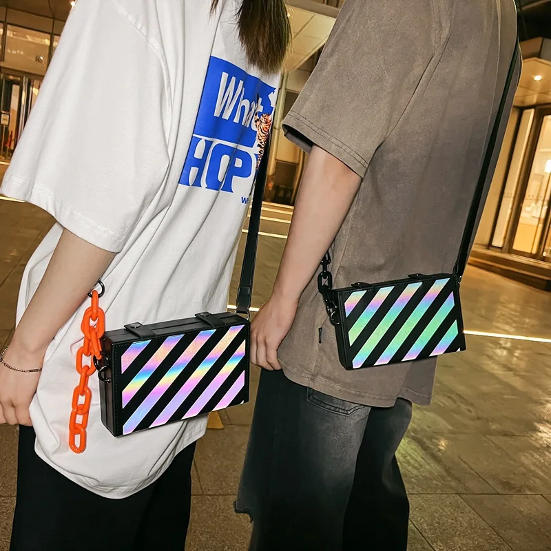 

New Creative Hologram Laser Box Bag Female Novelty Small Crossbody Bag for Women Luminous Handbag Reflective Stripe Square Bags