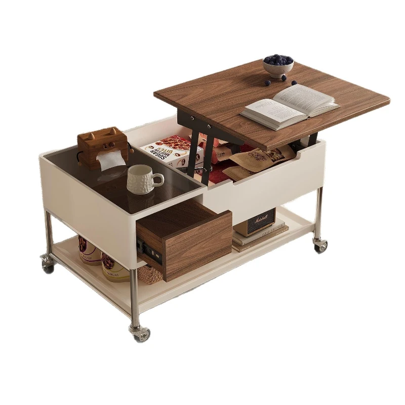 

Solid wood mobile lifting coffee table folding multi-functional storage trolley