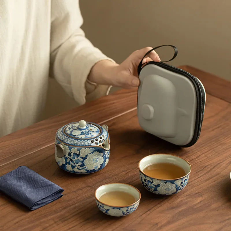 Blue White Ru Kiln Travel Tea Set Colorful Designer Peony Kung Fu Gift Teaware Quick Cup Ceramic Tea Set Outdoor Green Flower