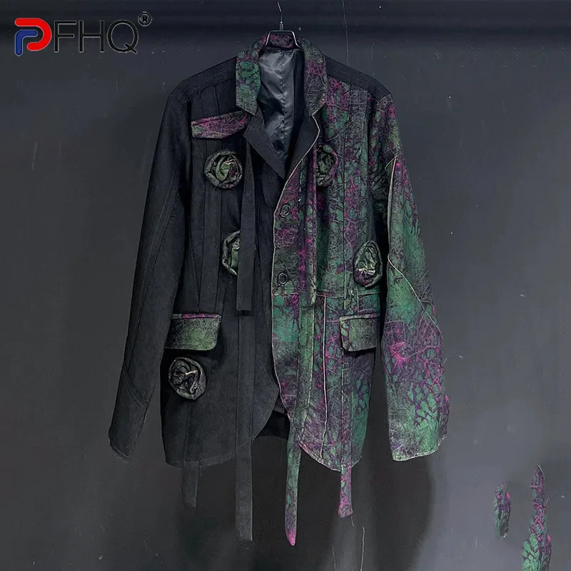 PFHQ Men\'s Coat Design Splice Flower Knitted Printing Paint Suit Loose Fashion 2024 Long Sleeve Male Blazer Casual 21Z6634