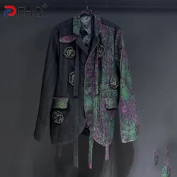 PFHQ Men's Coat Design Splice Flower Knitted Printing Paint Suit Loose Fashion 2024 Long Sleeve Male Blazer Casual 21Z6634