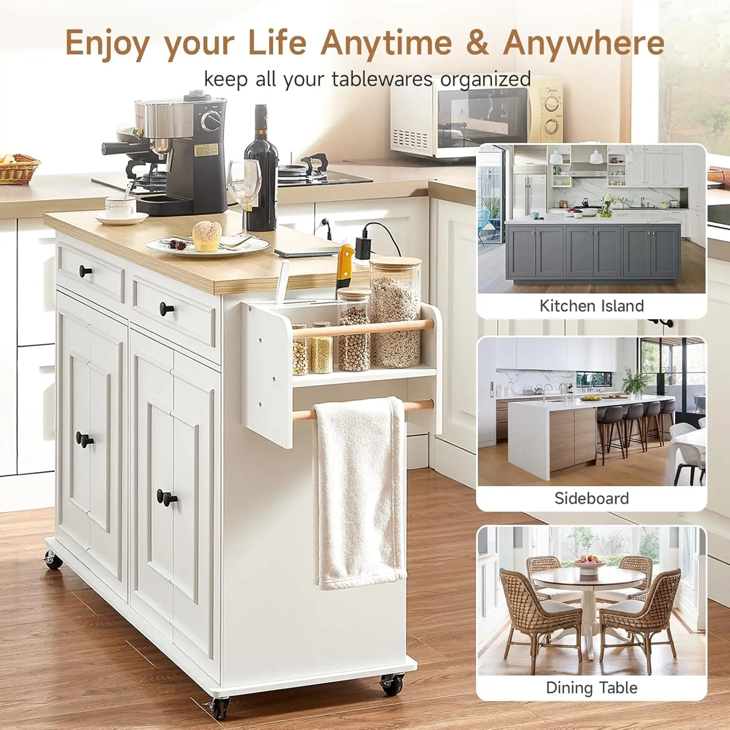 عربة جزيرة المطبخ مقاس 58 بوصة مع مخرج وتخزين ورف توابل وسكاكين #6