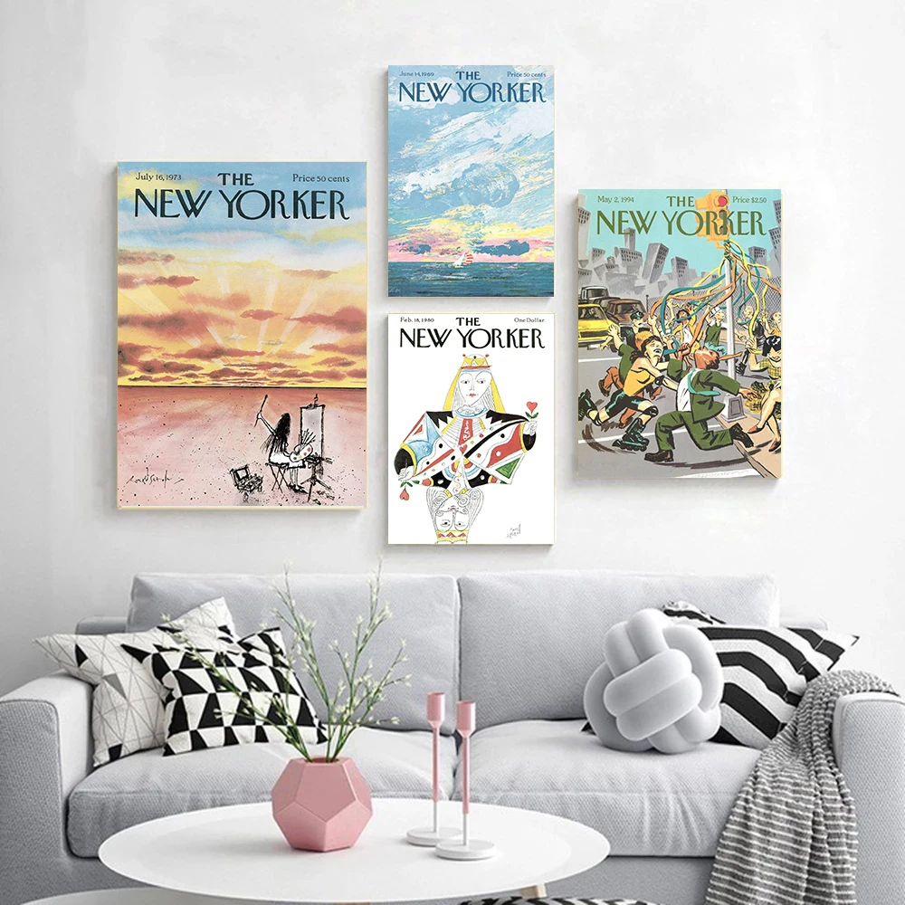 Retro Magazine New Yorker Cover Coastal Chess Poster Autumn Tree Prints Canvas Painting Wall Art Picture Home Living Room Decor