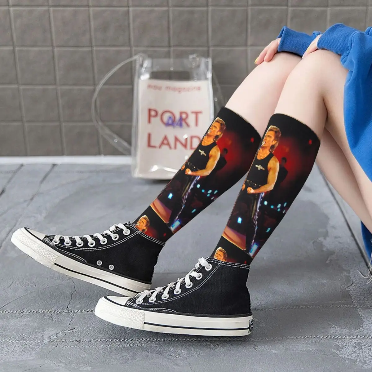 Chaussettes customisées avec impression 3D du chanteur Johnny Halliday pour femme, bas de France, chaussettes hautes au genou, musique rock française