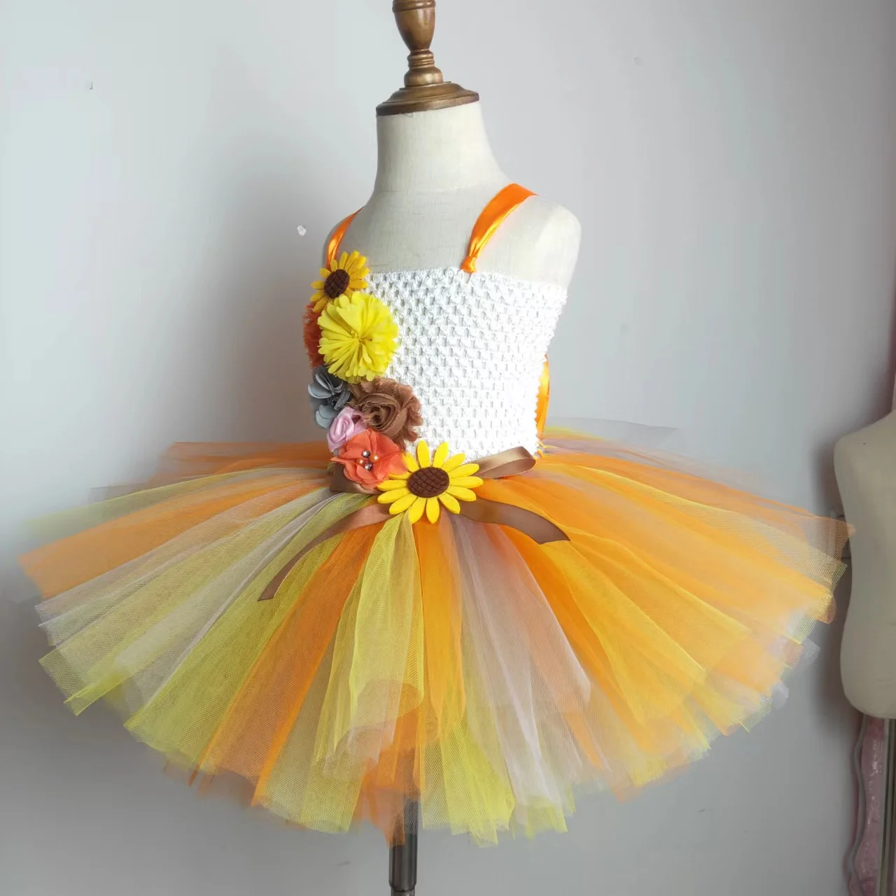 Orange Gold Sunflower Girl Tutu Dress for Kids Fall Autumn Halloween Costumes Girls Fairy Princess Dresses Children Birthday Out