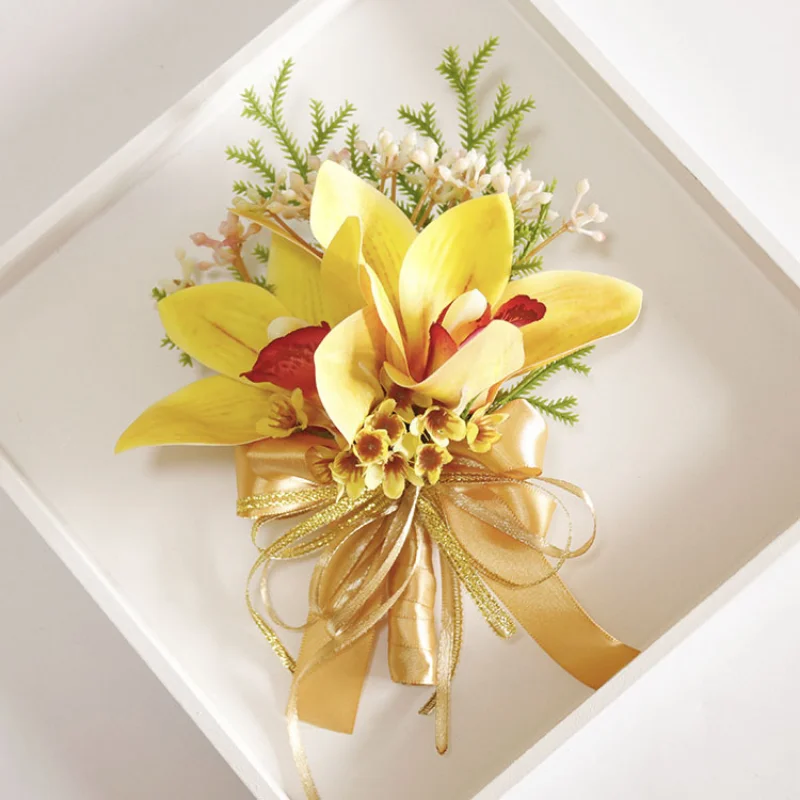 สีเหลืองประดิษฐ์ Boutonnieres ดอกไม้ข้อมือ Corsage แต่งงานอุปกรณ์เสริม Homme งานแต่งงาน Deco