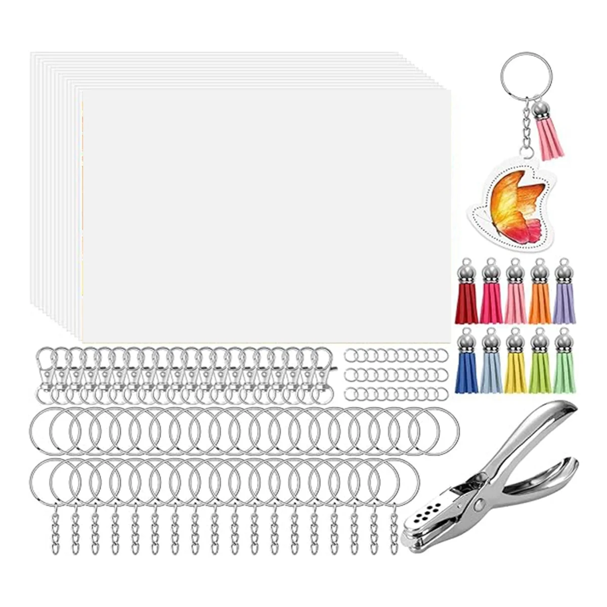 161 Shrinky Sheets Key Chain Set, Key Ring with Chain, Jump Ring, Creative Hole Punch for Kids, Translucent