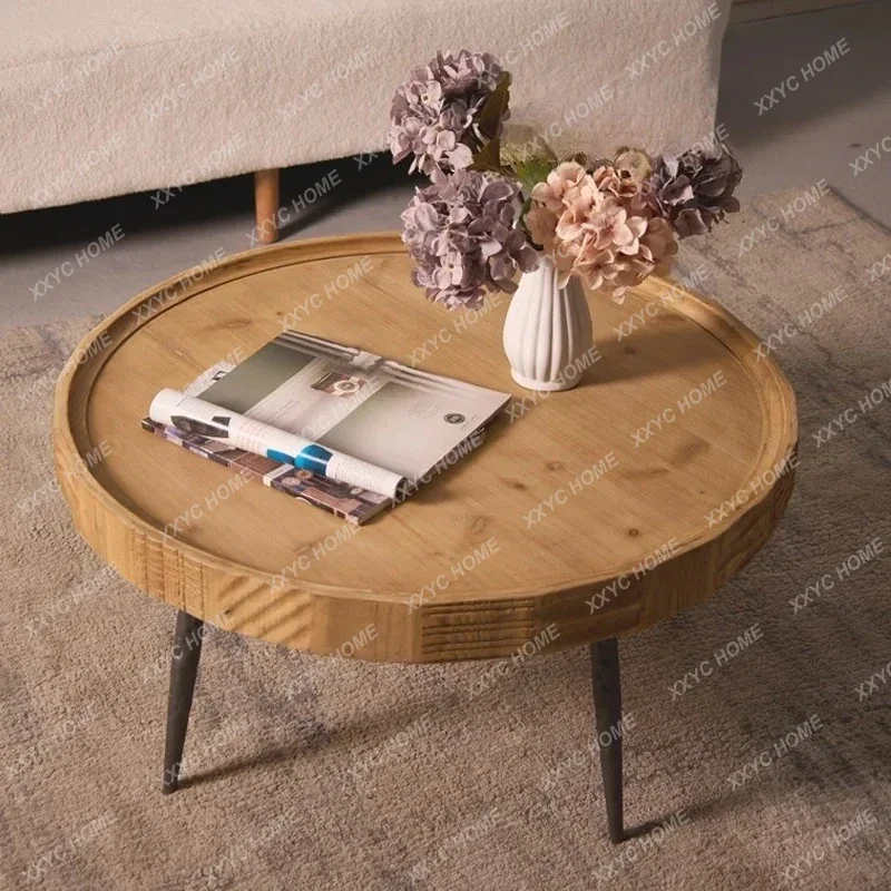 A  Solid wood wrought iron round small coffee table retro side table living room sofa front balcony homestay low table