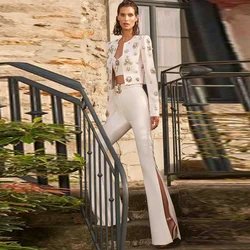 Deive Teger 2024 Nieuwe Dames Witte Zware Industrie Diamant Parel Nieuwe Design Set Slim Fit Handgemaakte Broek Set Tweedelige Sexy Set