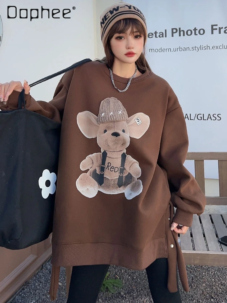 Autumn Winter Mid-Length Loose Casual Split Hoosies Women Fun Cartoon Pattern Printing Fleece Round Neck Long Sleeve Sweatshirts