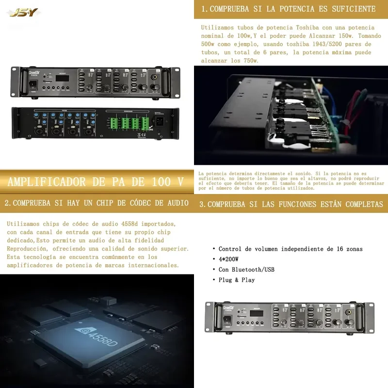 4 Channel 200W PA Power Amplifier 16 Zone Independent Volume Control Multi Audio Source Playback Professional Audio Equipment