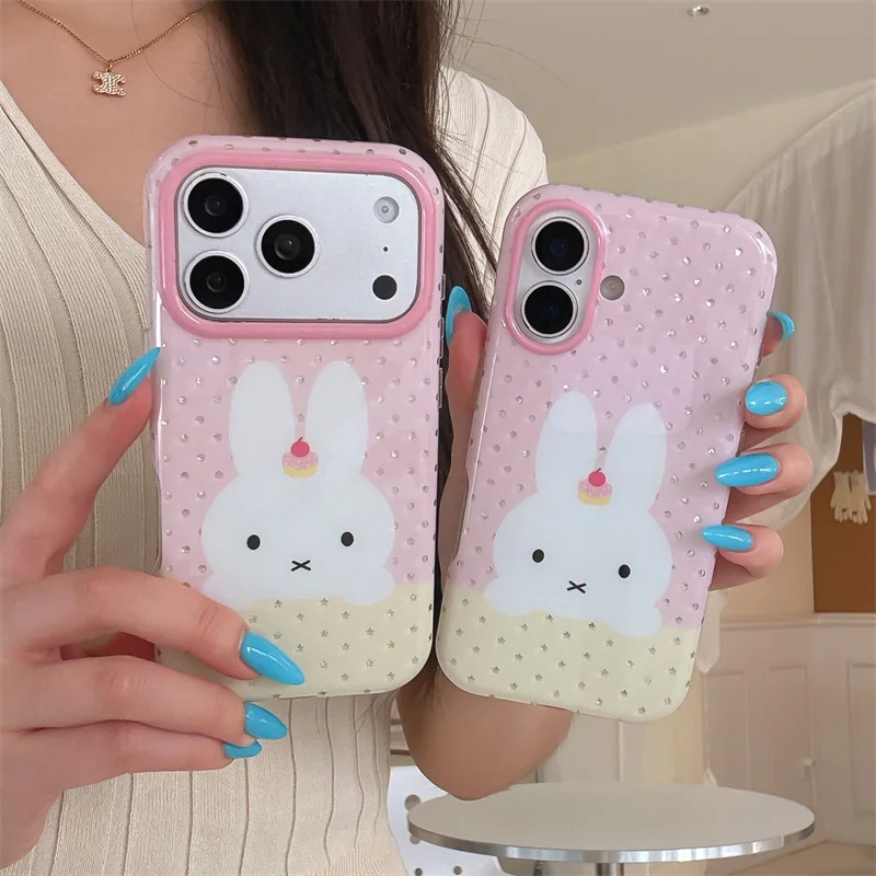 Funda de Teléfono Estilo Coreano con Dibujo Animado de Miffy en Amarillo Polvo para iPhone 17 16 15 Pro Max, Linda Funda Protectora con Diseño de Pastelito de Miffy