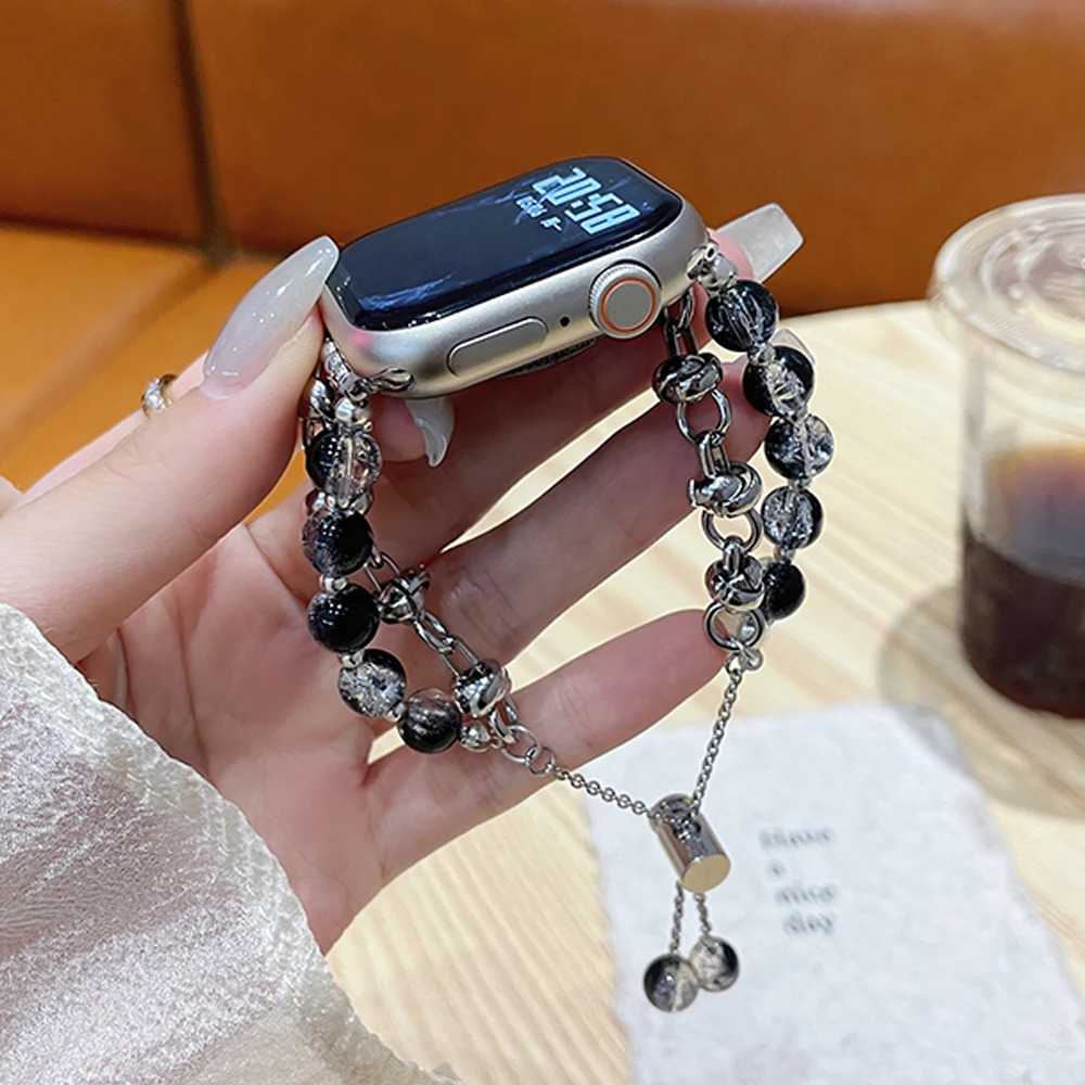 Luxury Beaded Bracelet Strap For Apple Watch S8 Ultra 2 Band 49mm 44mm 45mm Metal Correa For iWatch Series 9 8 7 6 SE 40mm 41mm