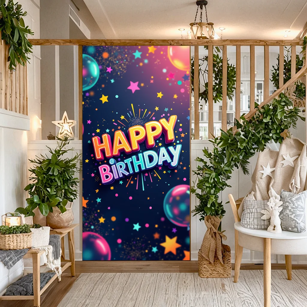 Happy Birthday Backdrop Door Cover Colorful Balloon Background Party Wall Decoration Banner for Photoshoot Kids Decoration