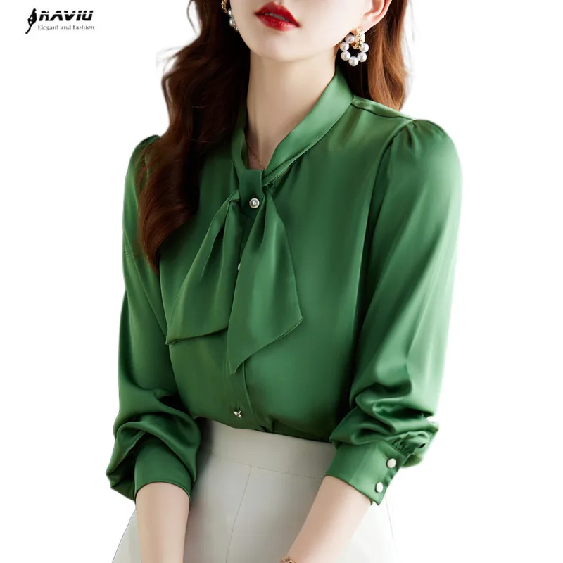 Green Aacetate Satin Shirt Women Fashion Design Bow Collar Professional Autumn New Long Sleeve Blouses Office Ladies Work Tops