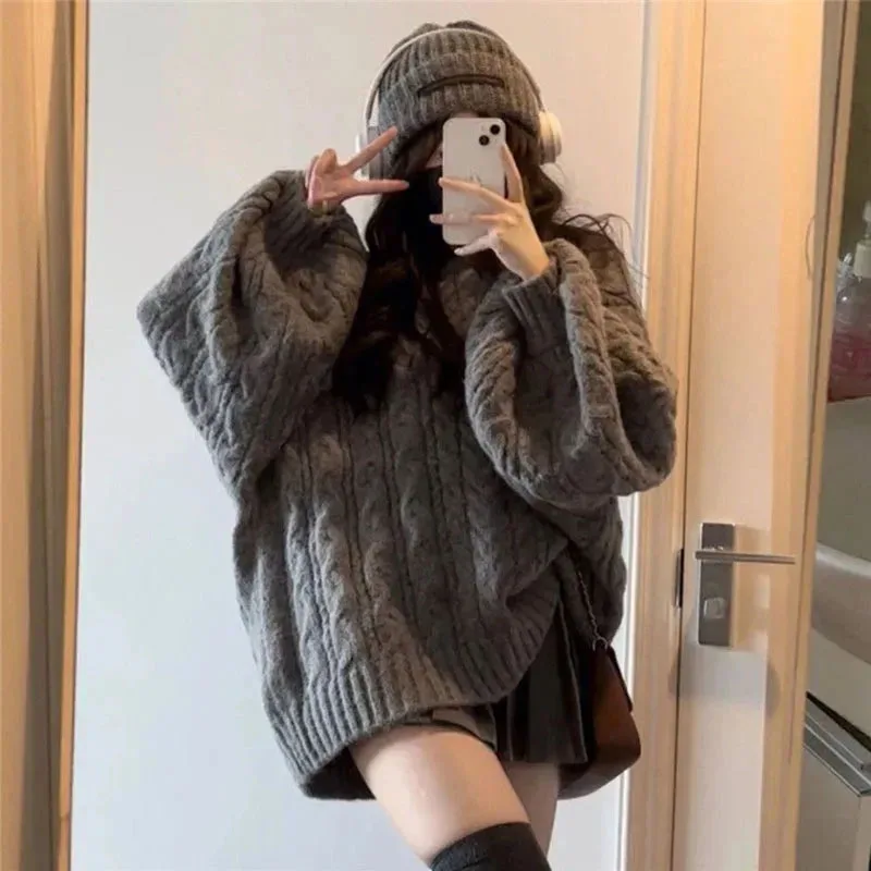 Jesienno-zimowy sweter damski Harajuku Oversized Knitted Pullovers Korean Long Sleeve V Neck Knitwear Preppy Solid Loose Jumper