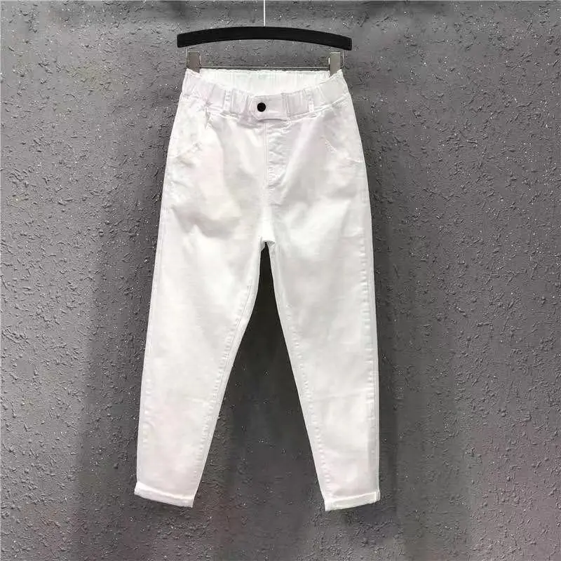 2024 Spring Summer New Women's Solid Color Denim Casual Loose Elastic High Waist Button Pockets Harlan Small Foot Pencil Pants